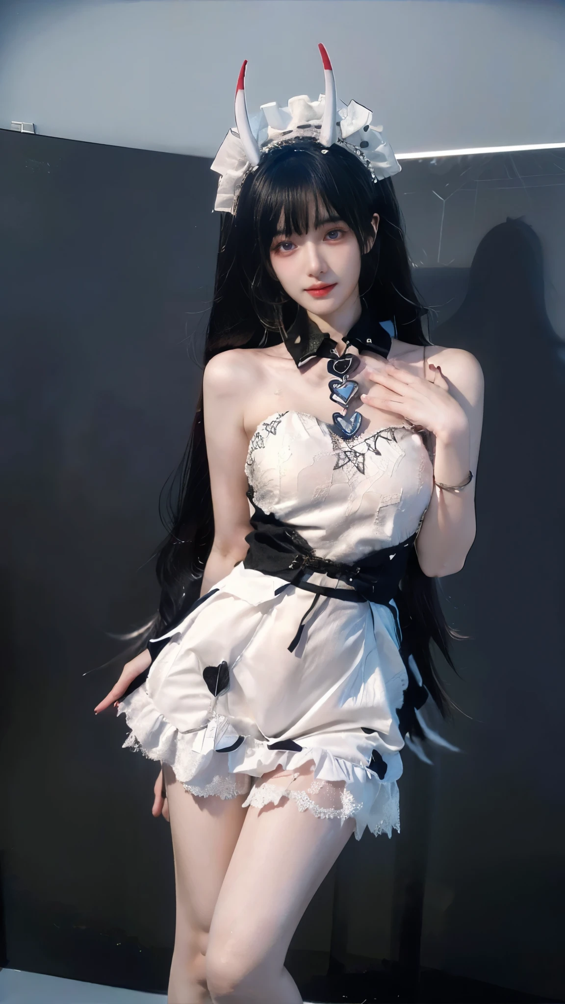 shinano role play costume, role play, transparent, Fox ears,Fox Tail,, Clear face(real:1.4), Pretty Face(realistic:1.4),Face Focus(Ultra-thin face:1.5),Watching 8,000 viewers, masterpiece, original photo, best quality, detail:1.2,lifelike, detail, Very detailed, CG, Unite, wallpaper, Depth of Field, Movie Lighting, lens flare, Ray Tracing, (Extremely beautiful face, Beautiful lips, beautiful eyes), Complex, detail's face, ((ultra detailed skin)), 1 girl,, Beautiful Korean girl, Korean Idol,(Very slim figure:1.3), Full breasts, Large Breasts, Thin legs,Smile,Shut up,The thighs can be seen,Hands behind back,Anime idol poses,indoor,Simple background, Beautiful Korean girl, White Diamond Earrings, Diameter Bracelet, Deya Necklace, Clear eyes, (big eyes)