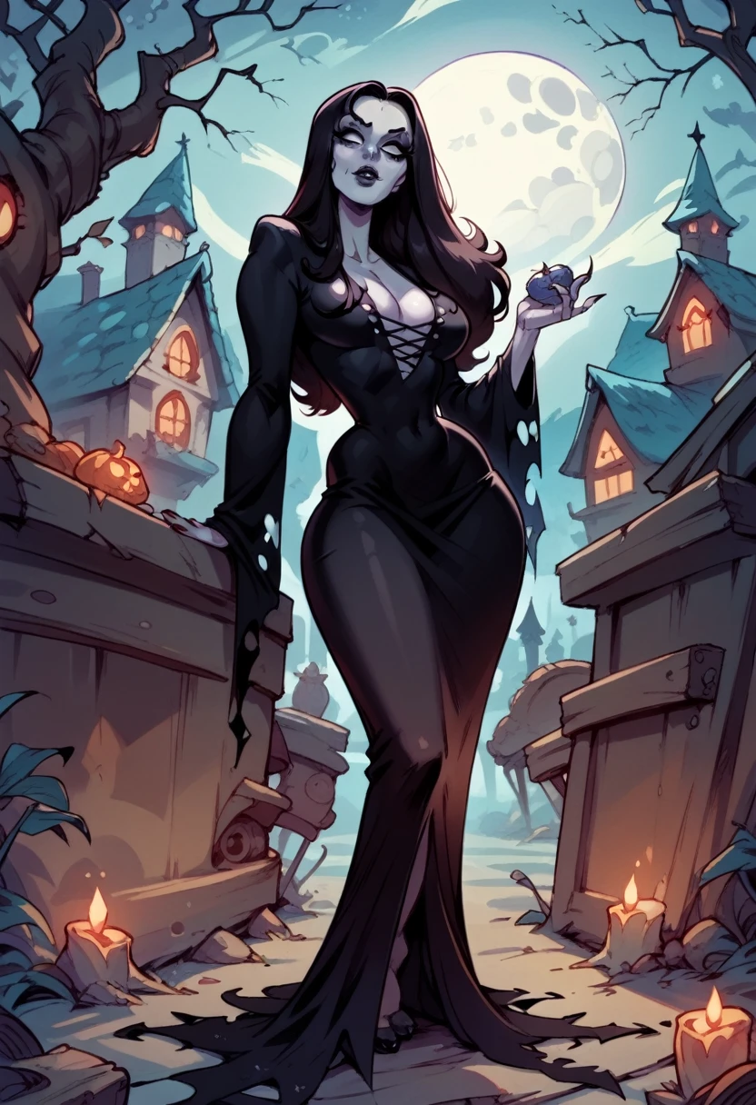 MorticiaDG, color, full body, sexy, flirting, in a spooky haunted house in moonlight