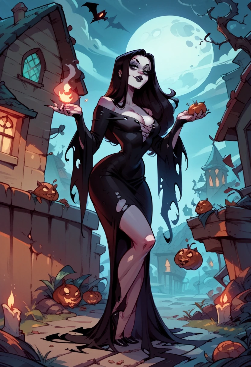 MorticiaDG, color, full body, sexy, flirting, in a spooky haunted house in moonlight