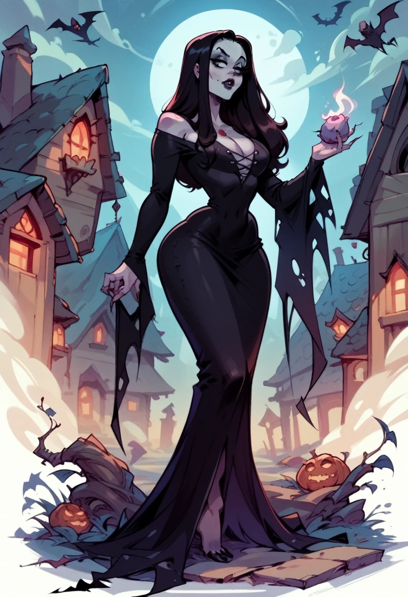 MorticiaDG, color, full body, sexy, flirting, in a spooky haunted house in moonlight