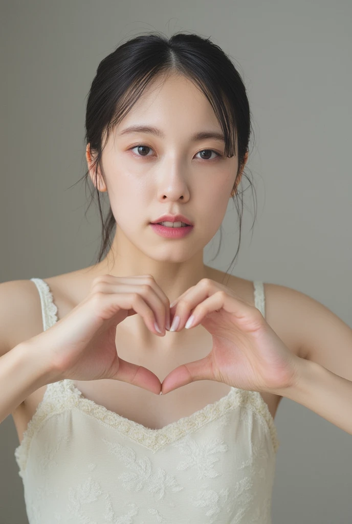 She is in a pose wearing a sexy camisole, making a firm big heart shape with both hands, and holding it in front of her chest, Cute smile up、Monotone background

