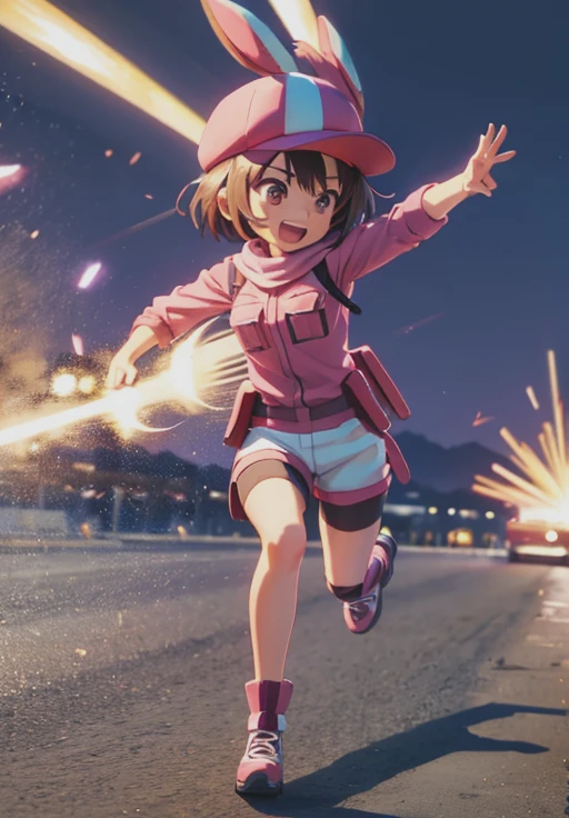 Llenn_GGO, smile, running, explosions, p90, holding p90, (acclaimed, alluring, captivating, exciting, gorgeous, striking:1.3), (highly detailed, high quality:1.3)