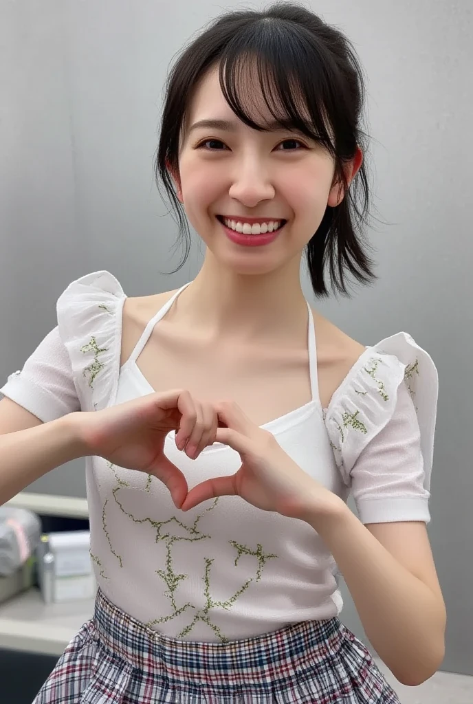 She is in a pose wearing a sexy camisole, making a firm big heart shape with both hands, and holding it in front of her chest, Cute smile up、Monotone background

