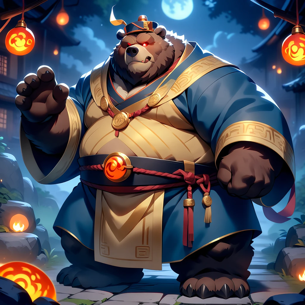  big overweight middle-aged bear man, masterpiece,  highest quality,Full body images,Glowing red eyes,  so beautiful、night、hwah jah jiangshi 、 fireball flies on my head、An amulet 