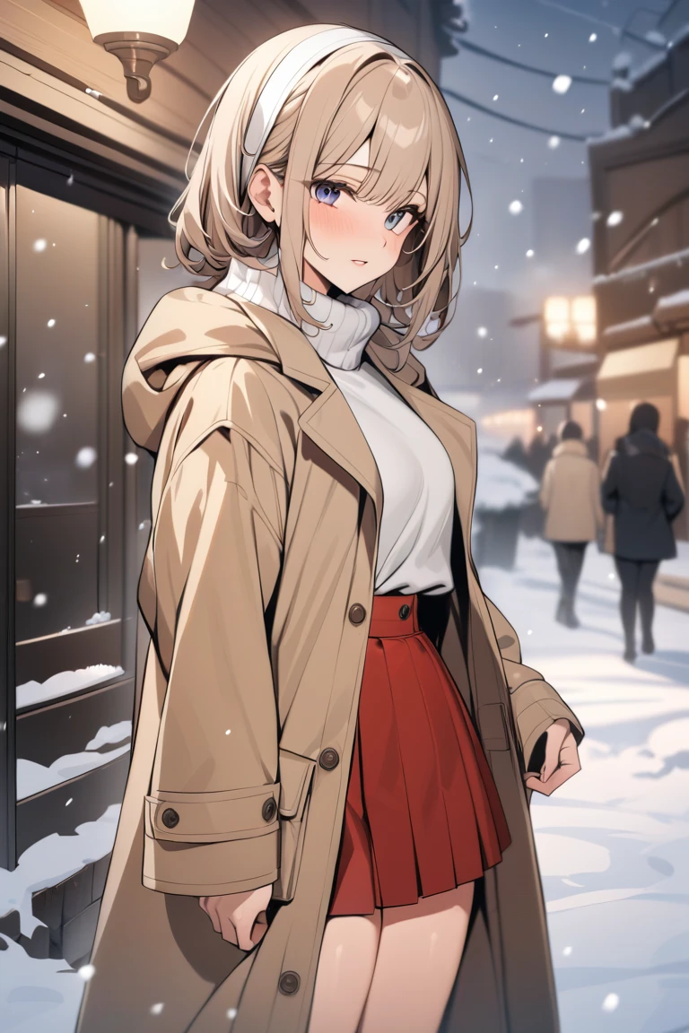 masterpiece, best quality, highres booru, 1girl, solo, snowing, snow, beige coat, red skirt, white hairband, aoyama mi, 