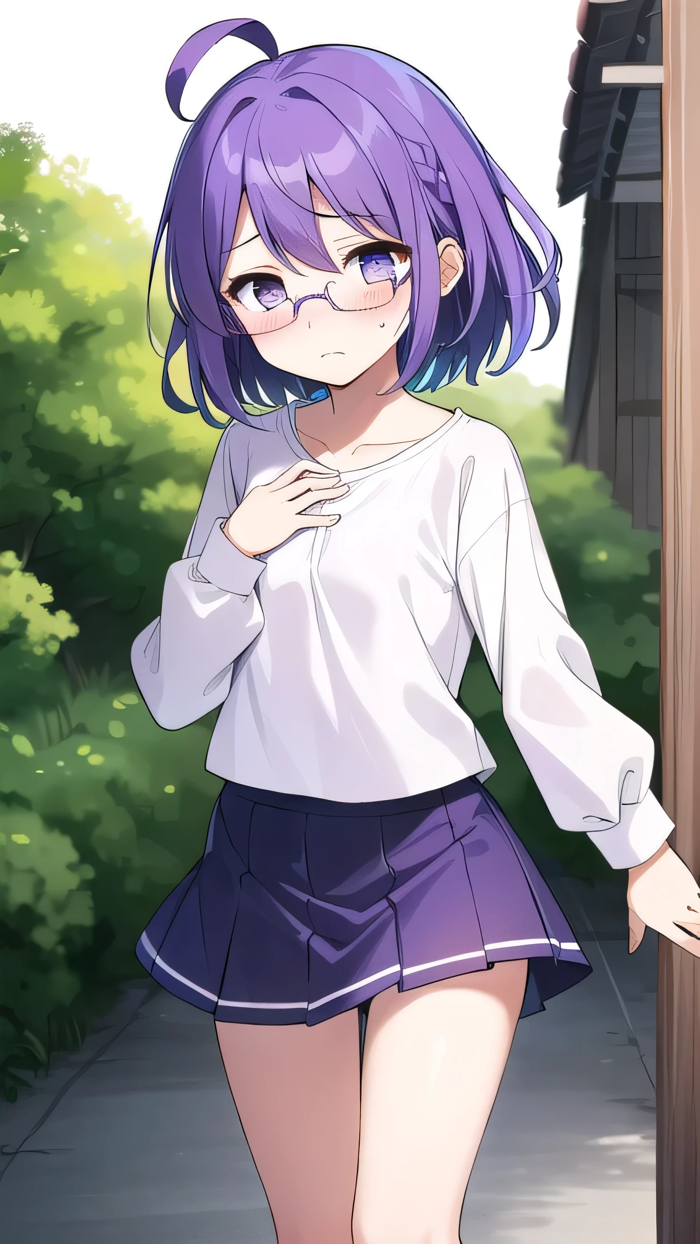(Purple hair:1.4), gray eyes, , 11 years old, short, short long hair, kind expression, shy, almost no breasts, ahoge, girl alone, , glasses with no edges, embarrassed, flat chest,Light clothes, summer clothes,