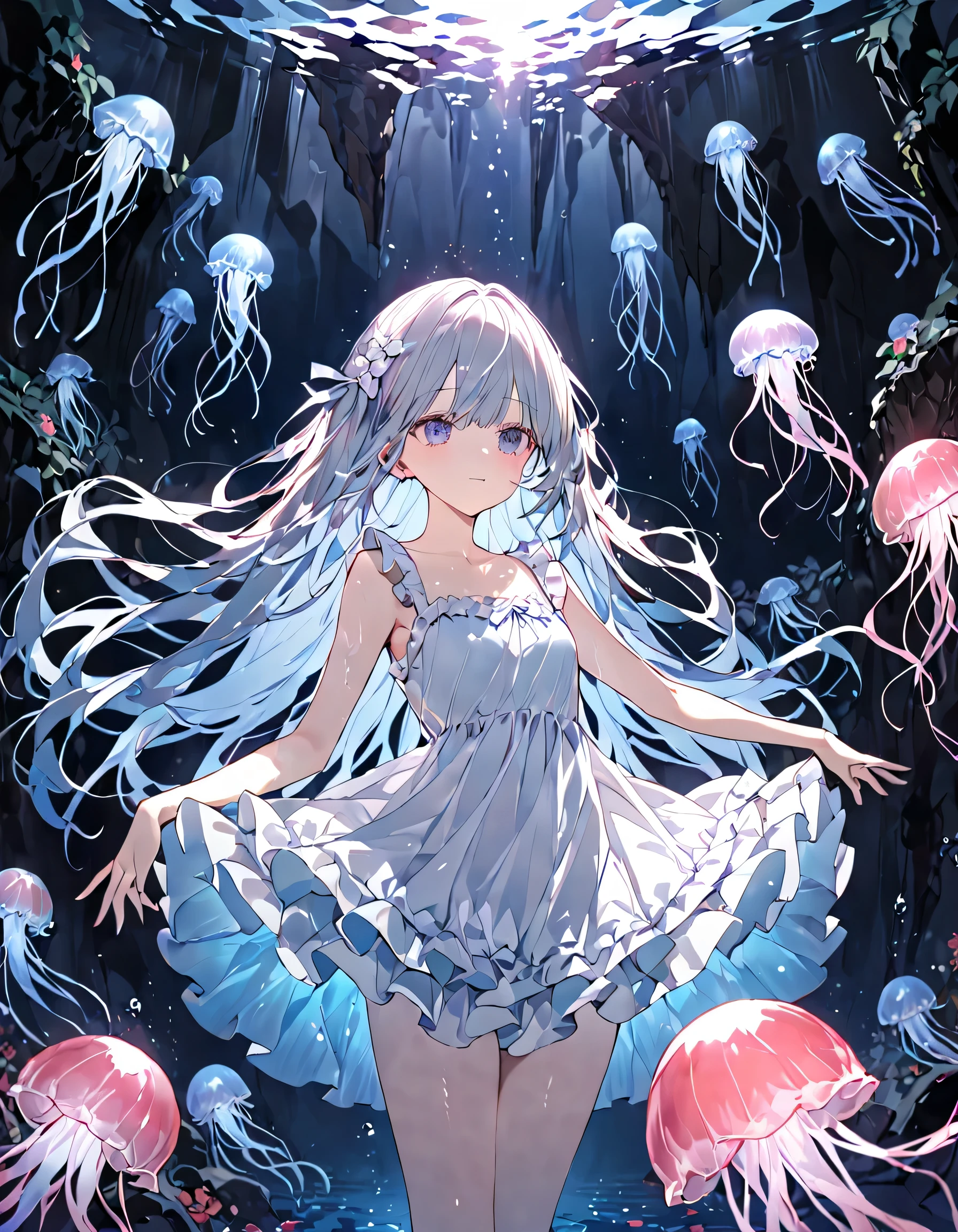 A jellyfish girl swimming in a dark cave pond 、 is wearing a frill dress that shows through her skin slightly 、 A lot of jellyfish that emit light in the dark are swimming around and illuminate the girl、（masterpiece：1.2）、（ highest quality：1.2）、（Very aesthetic：1.2）、（ absurd：1.2）、（ detailed background）、up to date、（（Safety））、complicated、 very detailed skin、