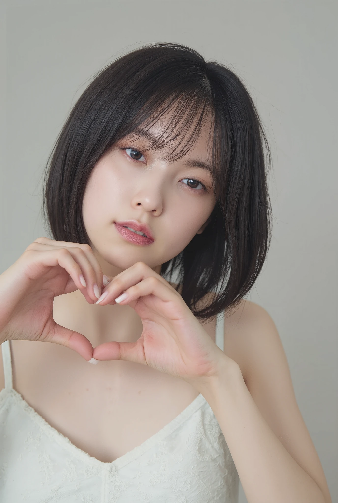 She is in a pose wearing a sexy camisole, making a firm big heart shape with both hands, and holding it in front of her chest, Cute smile up、Monotone background

