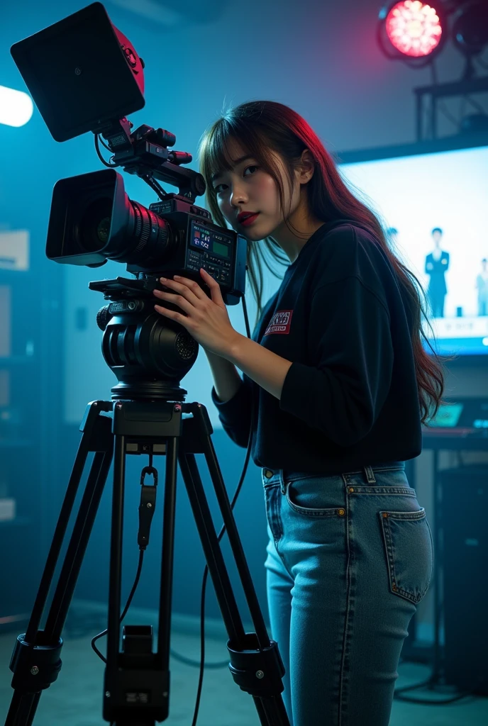 ultra-realistic, photorealistic, dramatic scene, shadow, global-illumination, solo, (teenage Japanese famous idol girl:1.5), very beautiful fragile Japanese girl, very beautiful with very cute but boyish cool face, (wearing a casual wear with jeans:1.2), (very large breasts), slim waist, She works as a cameraman for a TV station, She shoots evening news programs with a large TV camera, at the stylish TV studio, 