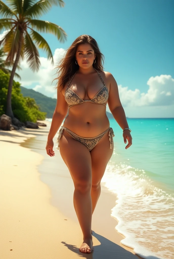 Relaxing on the Beach:
At the end of the afternoon, Ana Júlia goes to the beach to relax. She wears a stunning bikini that highlights her curves, with a light beach cover-up on top. Her hair is loose and wavy from the sea wind as she walks across the sand.