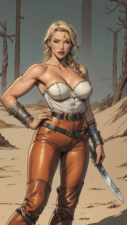 muscular nordic warrior,long blond hair in braids,small fringe on face,blue eyes,thin lips,round face,metal-coated leather shoulder pads,bearskin cloth,bearskin bracelets,leather straps,bearskin strapless top,metal-coated,belt with accessories,tanned animal leather pants,sand knee boots,bearskin wrapped in leather strips,big breasts,wide hips,thick thighs,holding sword,naeve forest,(best quality,4k,8k,highres,masterpiece:1.2),ultra-detailed,(realistic,photorealistic,photo-realistic:1.37),fantasy,highly detailed