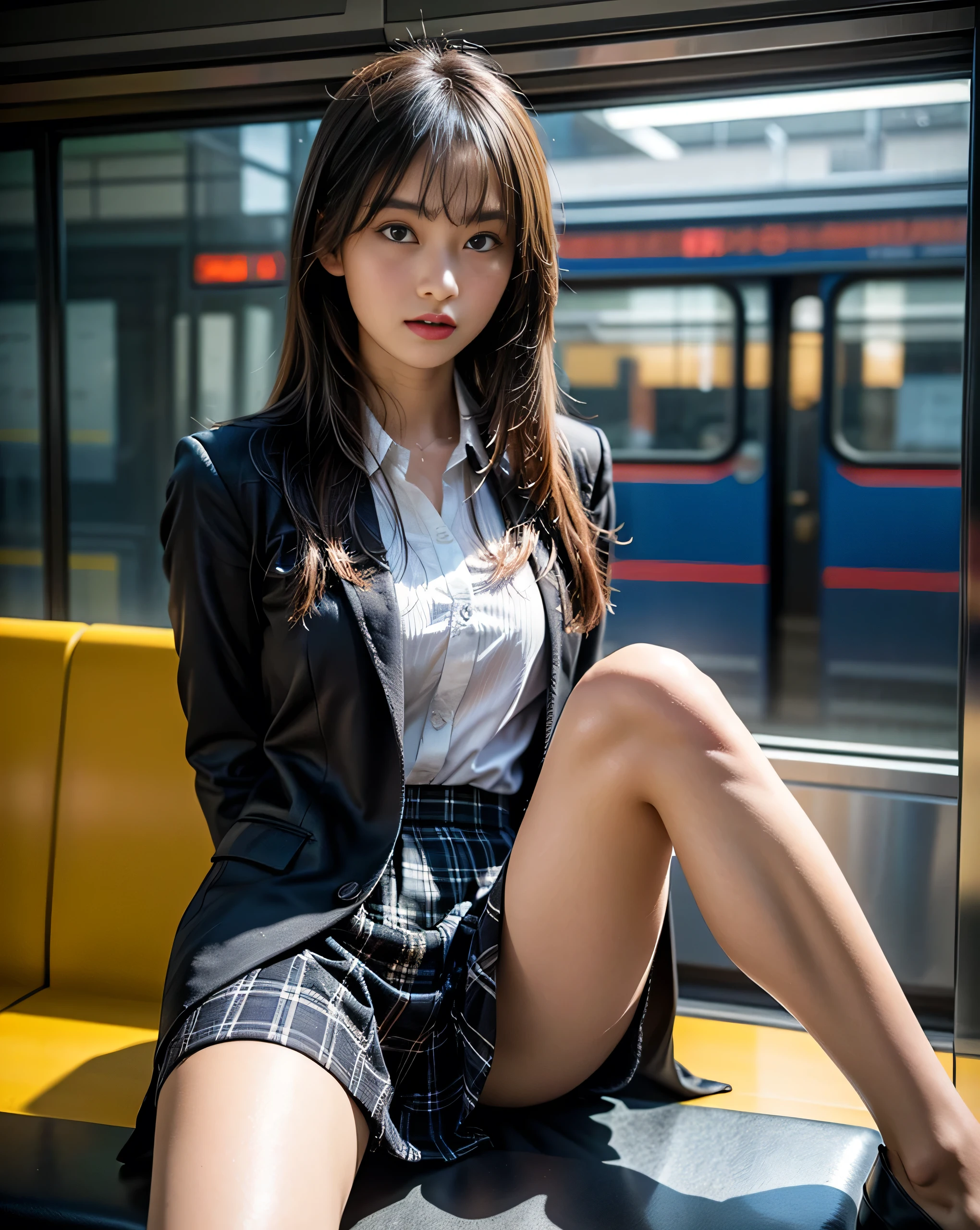 ((highest quality)), ((masterpiece)), (Familiar), 12 year old girl,A female junior high school student riding an escalator on her way to school、Glare、Navy Blazer、Shorts、Leather shoes、Very short socks、Photo secrets、(A true view from below)、White socks close-up、Manga panel layout、manga style、manga、Station Escalator、Frames showing only the face and the back,(From below:0.1),(Black satin string bikini is visible:0.8)