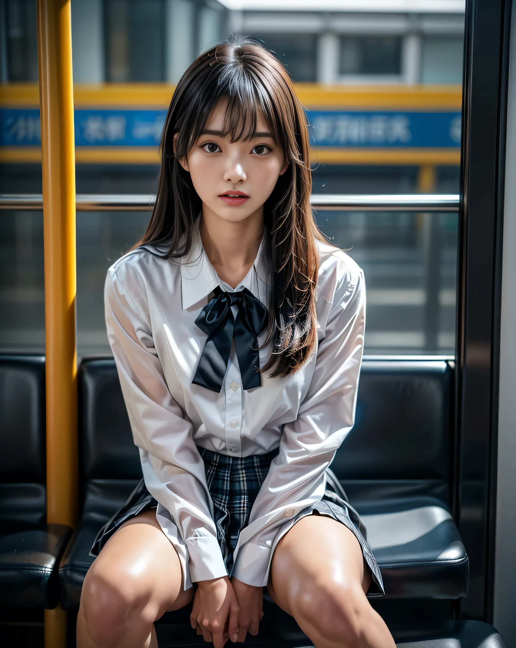 「(masterpiece,  high quality, 超 high quality, 4K)Black-haired、18 year old japanese girl、 female high school students、 high school uniform 、 white shirt 、ribbon、blazer、Plaid Brown Pleated Skirt 、Focus on the thighs、Soft thighs、 shiny thighs 、  medium breasts  :1.2、 Black panties inside 、 sitting on a train at night、get angry:1.3、:1.3、( open legs:1.5)、Facing angle,( Expand the angle of from below),Sitting on a train seat,Sit in the front， crotch zooming camera , legs are on the train floor , full body espians , Watch exclusively for viewers  」, 最 high quality,  Ultra High Definition, ( photorealistic:1.4),,  high resolution,  Details,  RAW Photos, sharp,  Nikon D850 Film Stock Photo by Lee Jefferies 4 Kodak Portra 400 Camera F1 . 6 Lenses Rich Colors Hyperrealistic Vivid Textures Dramatic Lighting Unreal Engine Art Station Trend Cinestir 800,