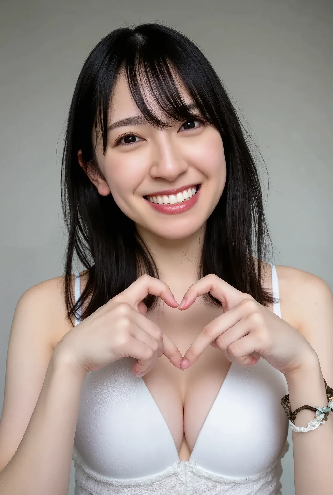 She is in a pose wearing a sexy camisole, making a firm big heart shape with both hands, and holding it in front of her chest, Cute smile up、Monotone background

