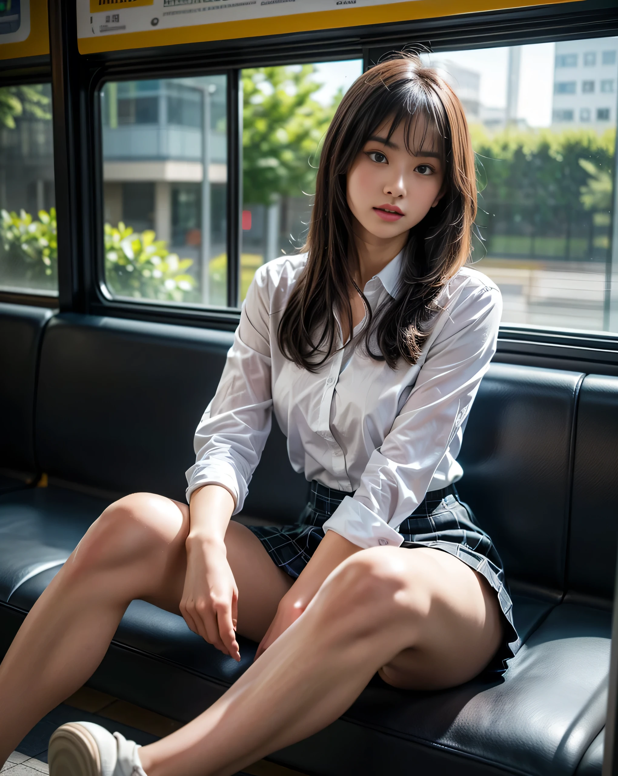 (((Misako Renbutsu)))Beautiful Young Female with ((Twin Braids) covering Bust) (Flashing Crotch) on ((Dusk) Train), (extremely delicate and beautiful) Detailed Closing Texture, Professional portrait of SemiNude photography, (((Full Unbuttoned WhiteShirt with beltbra:1.37)MoeSleeves) White SkinnyShorts), sitting_chair leaning back (((knees to chest))), (Motion blurred window){(Tyndall effect)|lens flare|Haze|bokeh} ZoomLayer (Oodles Blurred Colorful Lights (Starry particles)), (TopQuality Masterpiece of 8K Ultra-detailed DigitalPainting by Jeremy Lipking)