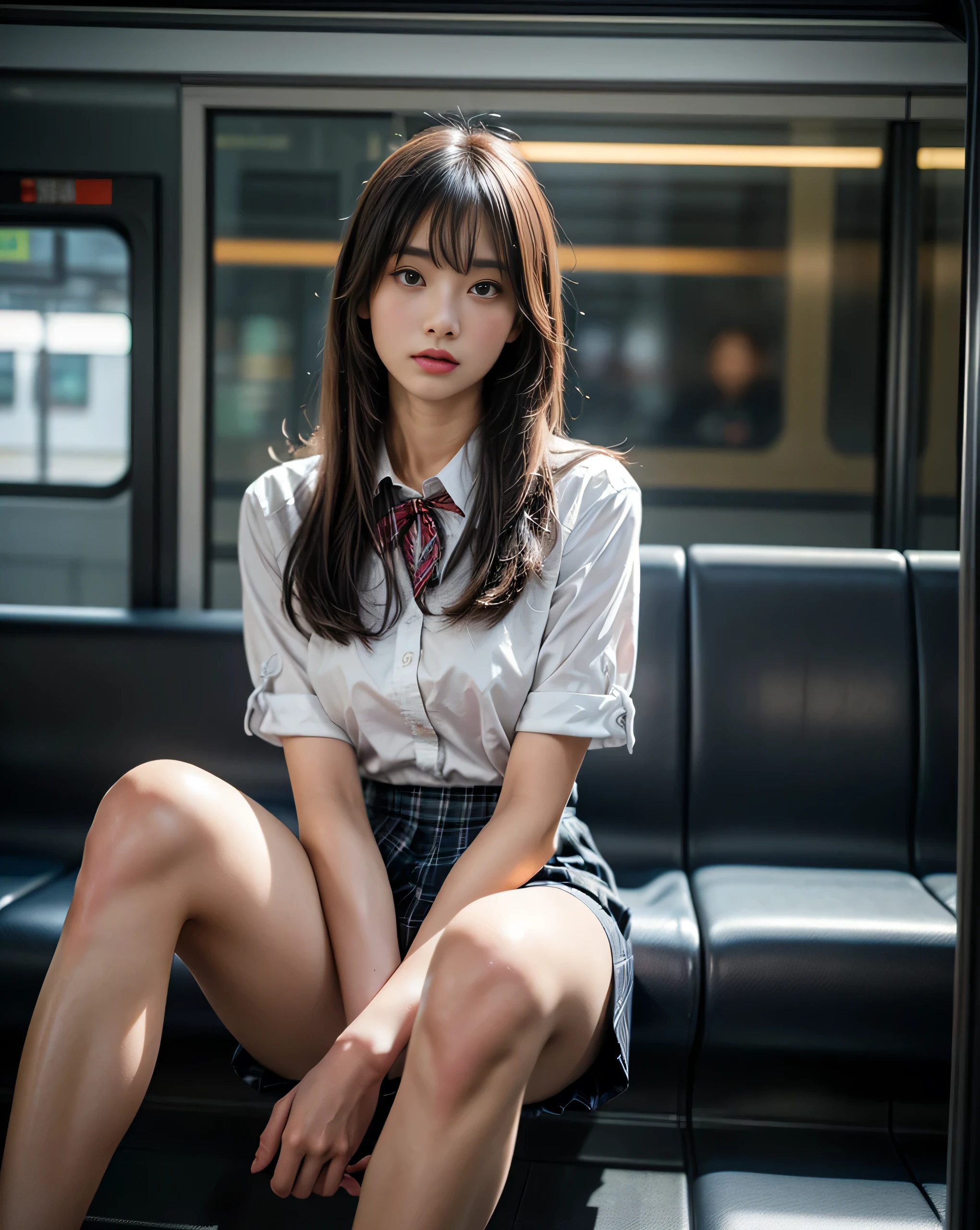 「(masterpiece, high quality, 超 high quality, 4K)Black-haired、18 year old japanese girl、 female high school students、 high school uniform 、 white shirt 、ribbon、blazer、Plaid Brown Pleated Skirt 、Focus on the thighs、Soft thighs、 shiny thighs 、 medium breasts :1.2、 Black panties inside 、 sitting on a train at night、get angry:1.3、:1.3、( open legs:1.5)、Facing angle,( Expand the angle of from below),Sitting on a train seat,Sit in the front, crotch zooming camera , legs are on the train floor , full body espians , Watch exclusively for viewers 」, 最 high quality, Ultra High Definition, ( photorealistic:1.4),, high resolution, Details, RAW Photos, sharp, Nikon D850 Film Stock Photo by Lee Jefferies 4 Kodak Portra 400 Camera F1 . 6 Lenses Rich Colors Hyperrealistic Vivid Textures Dramatic Lighting Unreal Engine Art Station Trend Cinestir 800,