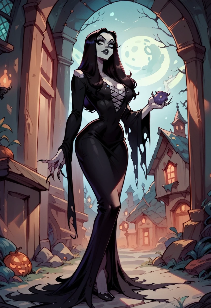 MorticiaDG, color, full body, sexy, flirting, in a spooky haunted house in moonlight