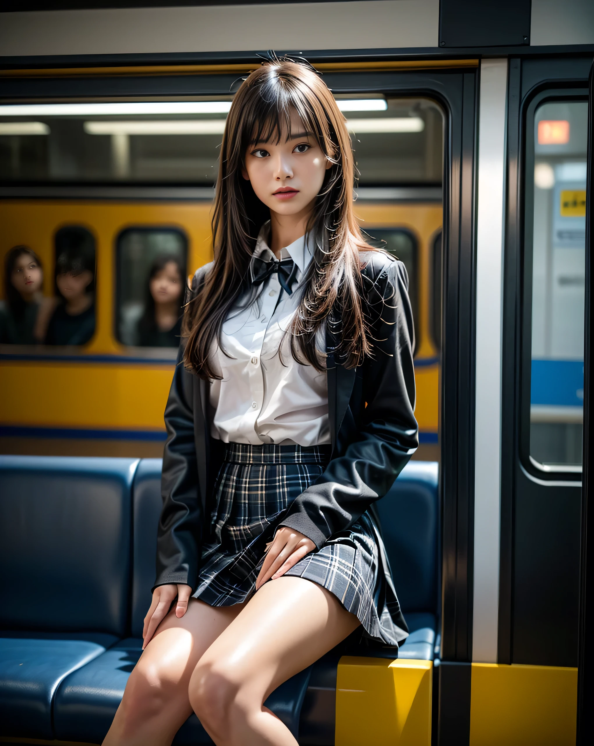 「(masterpiece,  high quality, 超 high quality, 4K)Black-haired、18 year old japanese girl、 female high school students、 high school uniform 、 white shirt 、ribbon、blazer、Plaid Brown Pleated Skirt 、Focus on the thighs、Soft thighs、 shiny thighs 、  medium breasts  :1.2、 Black panties inside 、 sitting on a train at night、get angry:1.3、:1.3、( open legs:1.5)、Facing angle,( Expand the angle of from below),Sitting on a train seat,Sit in the front， crotch zooming camera , legs are on the train floor , full body espians , Watch exclusively for viewers  」, 最 high quality,  Ultra High Definition, ( photorealistic:1.4),,  high resolution,  Details,  RAW Photos, sharp,  Nikon D850 Film Stock Photo by Lee Jefferies 4 Kodak Portra 400 Camera F1 . 6 Lenses Rich Colors Hyperrealistic Vivid Textures Dramatic Lighting Unreal Engine Art Station Trend Cinestir 800,