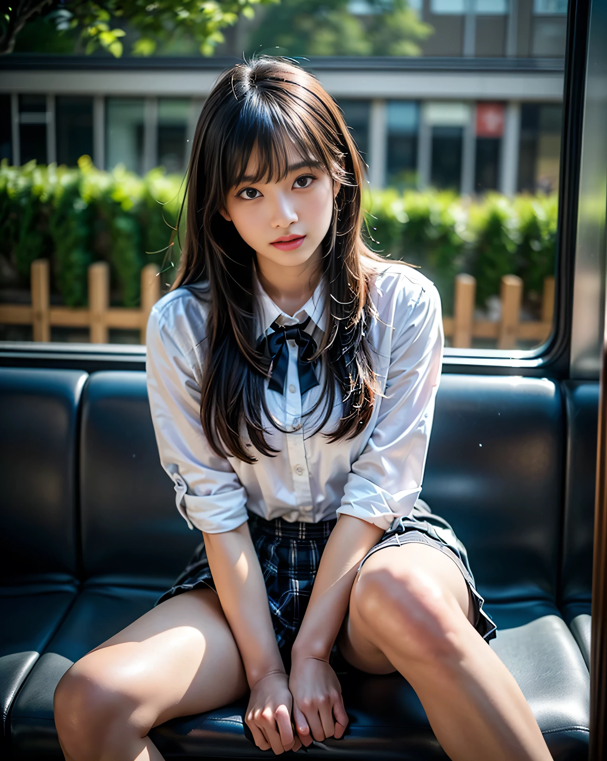 「(masterpiece,  high quality, 超 high quality, 4K)Black-haired、18 year old japanese girl、 female high school students、 high school uniform 、 white shirt 、ribbon、blazer、Plaid Brown Pleated Skirt 、Focus on the thighs、Soft thighs、 shiny thighs 、  medium breasts  :1.2、 Black panties inside 、 sitting on a train at night、Kind Face:1.3、:1.3、( open legs:1.5)、Facing angle,( Expand the angle of from below),Sitting on a train seat,Sit in the front， crotch zooming camera , legs are on the train floor , full body espians , Watch exclusively for viewers  」, 最 high quality,  Ultra High Definition, ( photorealistic :1.4),,  high resolution,  Details,  RAW Photos, sharp,  Nikon D850 Film Stock Photo by Lee Jefferies 4 Kodak Portra 400 Camera F1 . 6 Lenses Rich Colors Hyperrealistic Vivid Textures Dramatic Lighting Unreal Engine Art Station Trend Cinestir 800,