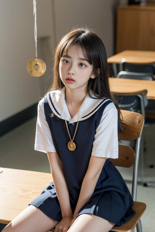 (masterpiece, ultra high definition, 16k, RAW photo, intricate), (sharp focus, crisp details), (rich colors, vibrant details), noise reduction,  (1girl, loli, cute, baby face), (sailor Uniform:1.3), (hypnosis, coin on string, pendulum coin, Pendulum before her eyes, ultra detailed pendulum coin:1.5), (Girl stares at pendulum coin, gazing upward, expressionless, no pupils, glowing eyes, Sleepy eyes:1.5), after school, School classroom, sitting chair,  arms between legs, (cowboy shot:1.3)