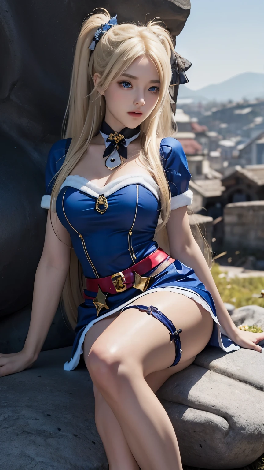 1girl, leaning on the stone, santa style, sweet fantasy, blonde hair, smooth straight hair, twintail hair, blue sapphire eyes, breathtaking rendering, dynamic composition, open skirt, stocking, smooth thigh, super seductive temptation