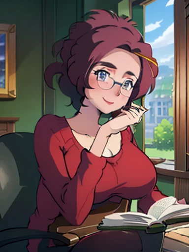 grace_(pokemon), mature woman, (1girl, solo:1.2), (masterpiece:1.0), (high resolution), (correct hands),  large breasts, sagging breasts,  red sweater, glasses, sitting on chesterfield chair, open window background, white panties, blush, eye wrinkle, looking at viewer, reading book, smiling