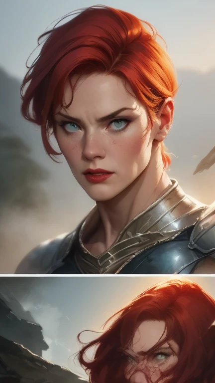 A fierce nordic warrior princess, redheaded scandinavian woman, detailed face, intricate armor, medieval fantasy, highly detailed, 8k, dramatic lighting, cinematic, volumetric fog, atmospheric, moody, dramatic, vibrant colors, digital painting, concept art