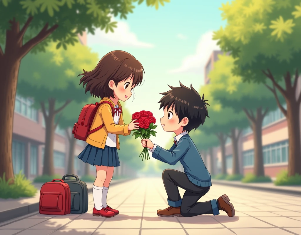 street, in the center of the frame a young boy crouching on his right knee ,  hands out a bouquet of three dazzling red fantastic roses to the girl standing in front of him,  girl pulls the river to a bouquet ,surprised expression, ( girl schoolgirl on her back school backpack ),  boy is also a schoolboy , the school bag is next to him on the asphalt , boy looks at the girl in love ,  in the background of the school building , (cute funny Style  ), charming scene of falling in love ,