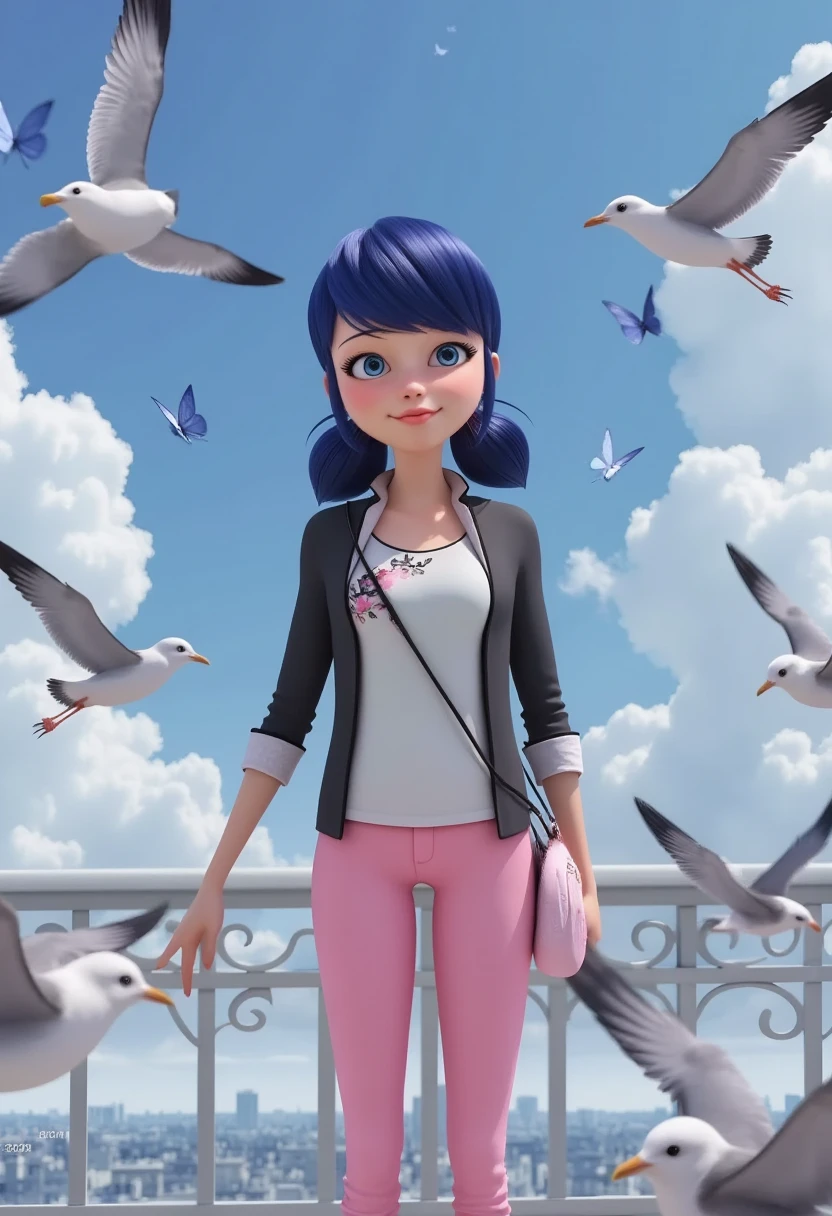 masterpiece, best quality, 1girl, bird, seagull, sky, cloud, polka_dot, blue_sky, solo, cloudy_sky, bug, butterfly, day, blush, flock, outdoors, Abigail