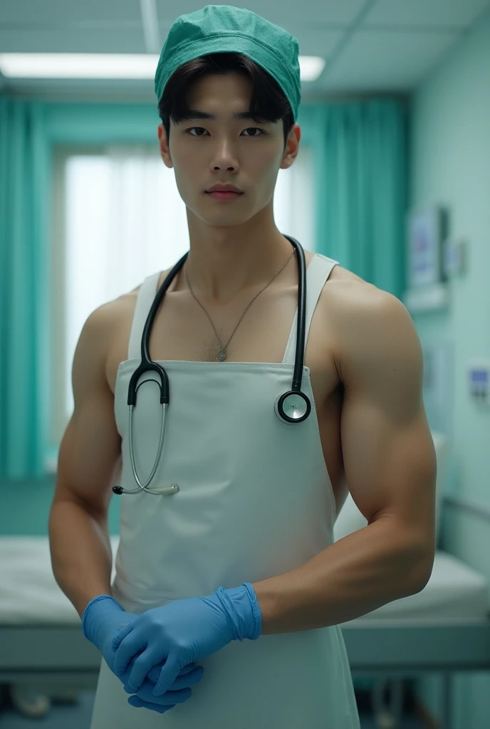 Crowded hospital, hospital display, sexy doctor In the middle of crowded hospital, Sweat dripping all over the body, in the sweat covering all over the body, inside the bussy hospital background, Full body photo, wearing eye glasses, wearing stethoscope in his neck, Very thin thong, Proudly showing off his sweaty very hairy armpits to audience, completely naked just wearing thin white thong, wearing transparent doctor Coat, boy, very young boy, Cinematic soft lighting illuminates a stunningly detailed and ultra-realistic handsome korean male supermodel, ultra messy curly hair, clear honey eyes, captivating perfect smile, sensual, hot man, insanely handsome, showing off his sweaty body, very sixpack muscular body build, slender, toned, full body, 8k, photography, masterpiece, detailed face, detailed eyes, sexy, beautiful abdomen and beautiful legs and a detailed big hard bulge, expression of ecstasy, excited, slim, detailed eyes and lips, sixpack and fit body. Image quality is of the highest standard, with ultra-detailed features and a realistic appearance. The colors are bright and vibrant, enhancing the overall aesthetic. The lighting is soft and natural, casting a soft glow on the boy, don't merge body's
