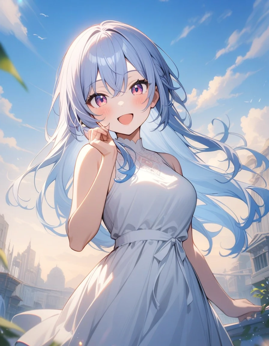 h_suzuki, 1girl, solo, long hair, dress, smile, looking at viewer, sleeveless, open mouth, white dress, blush, virtual youtuber, bangs, blue hair, :d, hair between eyes, outdoors, breasts, white ribbon, hand up
masterpiece, best quality, very aesthetic, absurdres 