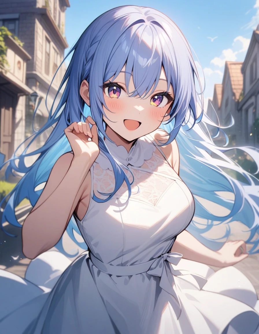 h_suzuki, 1girl, solo, long hair, dress, smile, looking at viewer, sleeveless, open mouth, white dress, blush, virtual youtuber, bangs, blue hair, :d, hair between eyes, outdoors, breasts, white ribbon, hand up
masterpiece, best quality, very aesthetic, absurdres 