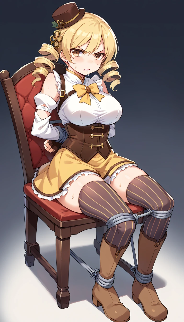 1girl,mami tomoe, blonde hair, drill hair, twin drills, yellow eyes, boots, brown footwear, brown gloves, corset, detached sleeves, fingerless gloves, gloves, hat, juliet sleeves, knee boots, long sleeves, magical girl, puffy sleeves, skirt, striped, striped thighhighs, thighhighs, thighs, vertical stripes, vertical-striped thighhighs, yellow skirt ,white underwear ,looking at viewer,(sweat:1.1),(drooling:1.5)(city:1.0)(big breasts;1.4) BDSM,(tied to chair:1.3) thigh strap,(defiant look:1.3),(painful expression:1.2),(scowled:1.3),(serious:1.2),  (restrained:1.3)(Urinating:1.2)
