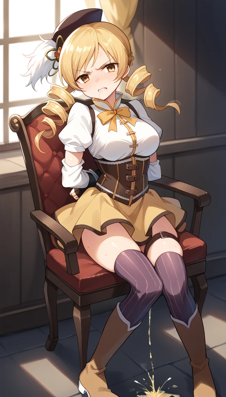 1girl,mami tomoe, blonde hair, drill hair, twin drills, yellow eyes, boots, brown footwear, brown gloves, corset, detached sleeves, fingerless gloves, gloves, hat, juliet sleeves, knee boots, long sleeves, magical girl, puffy sleeves, skirt, striped, striped thighhighs, thighhighs, thighs, vertical stripes, vertical-striped thighhighs, yellow skirt ,white underwear ,looking at viewer,(sweat:1.1),(drooling:1.5)(city:1.0)(big breasts;1.4) BDSM,(tied to chair:1.3) thigh strap,(defiant look:1.3),(painful expression:1.2),(scowled:1.3),(serious:1.2),  (restrained:1.3)(Urinating:1.2)
