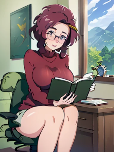 grace_(pokemon), 50 year old woman, (1girl, solo:1.2), (masterpiece:1.0), (high resolution), (correct hands),  large breasts, sagging breasts, no bra, red sweater, glasses, sitting on desk, legs crossed, shapely legs, open window background, white panties, blush, eye wrinkle, looking at viewer, reading book, smiling