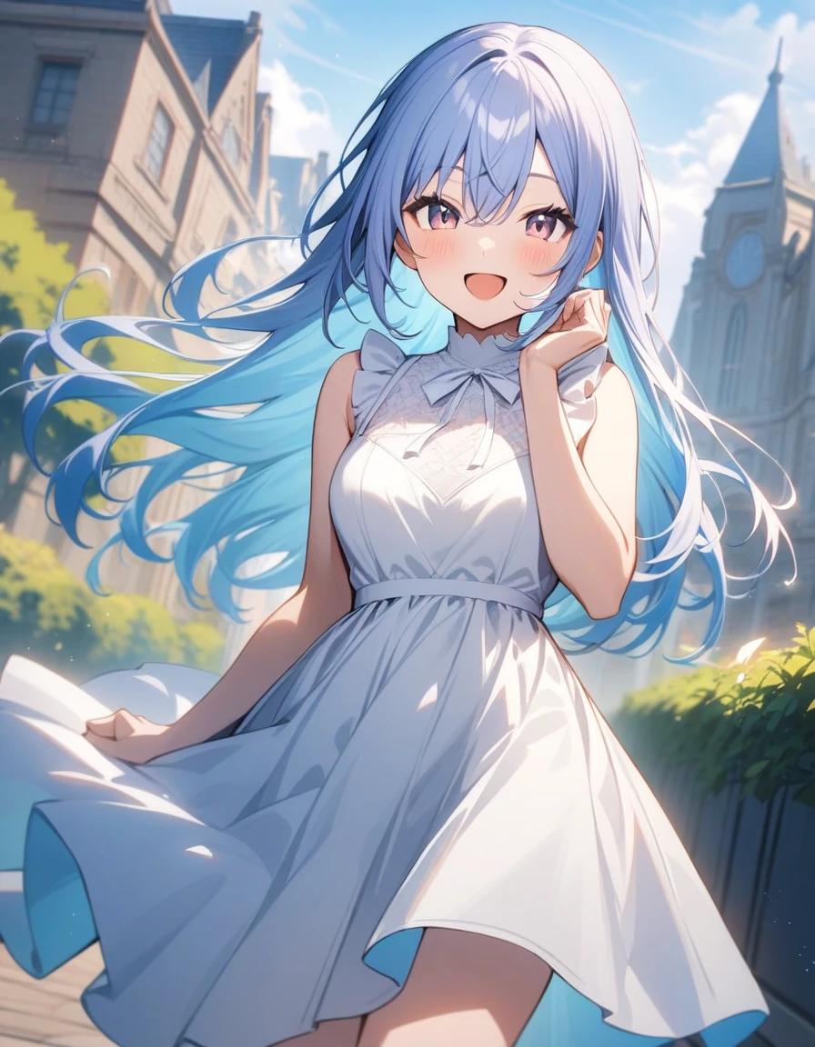 h_suzuki, 1girl, solo, long hair, dress, smile, looking at viewer, sleeveless, open mouth, white dress, blush, virtual youtuber, bangs, blue hair, :d, hair between eyes, outdoors, breasts, white ribbon, hand up
masterpiece, best quality, very aesthetic, absurdres 