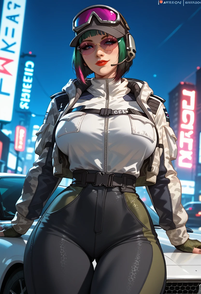 Score_7_up, score_8_up, score_9,BREAK, ela,ela \(Rainbow Six Siege\), ela elite \(Rainbow Six Siege\),score_9, score_8_up, score_7_up, score_6_up, 1girl, sitting inside a car, cyberpunk clothes, multicolored clothes, jacket, sunglasses,pants, curvy, huge breasts, narrow waist, wide hips, thick thighs, neon lights, looking at viewer, cowboy shot, dynamic pose, smile, cute, wide shot, solo, dutch angle,
abimbolebXLP, lipstick, realistic, large breasts, narrow waist, wide hips,