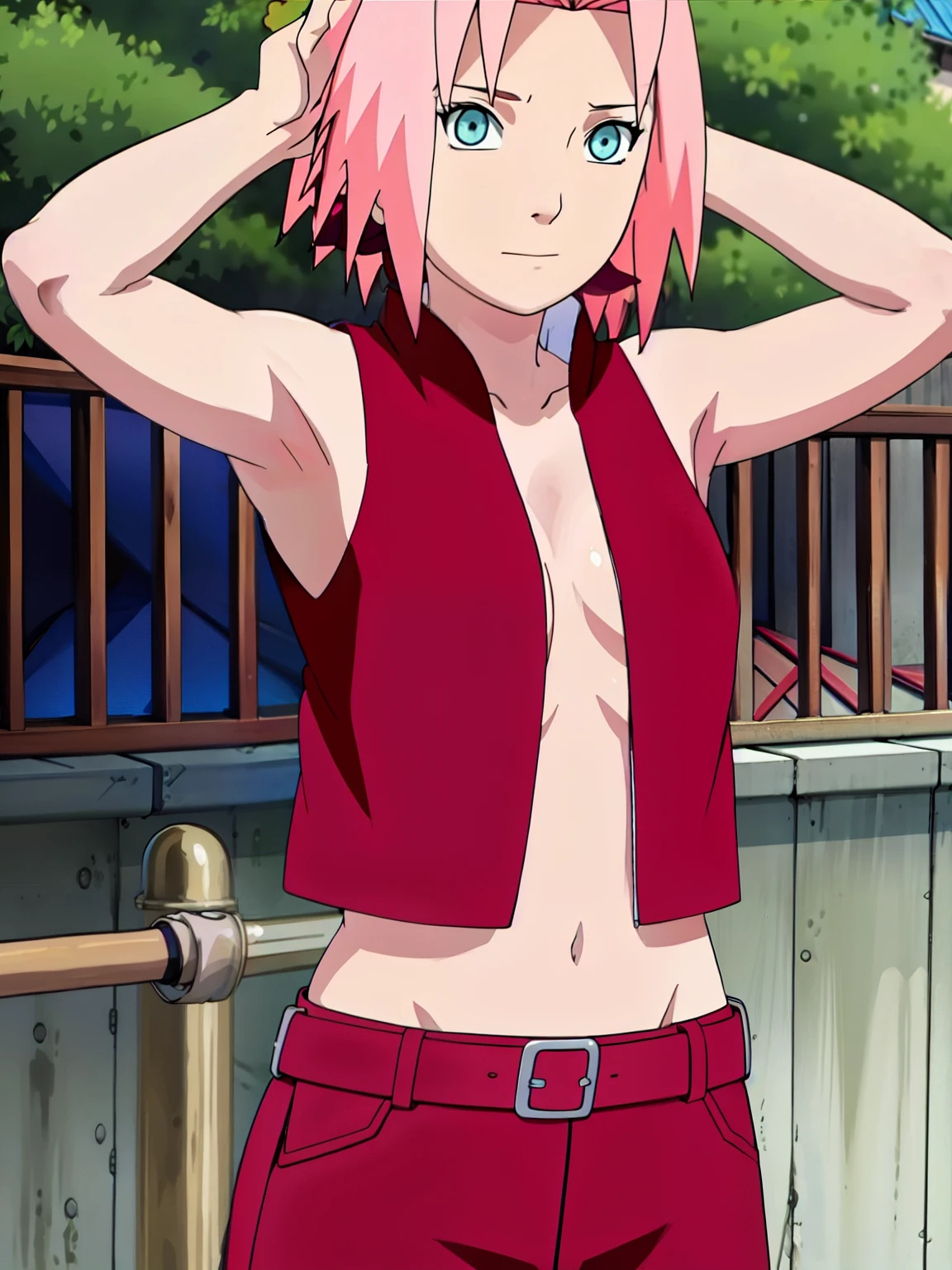 Sakura Haruno lifting her shirt arms up showing visible bra and sexy belly small breast