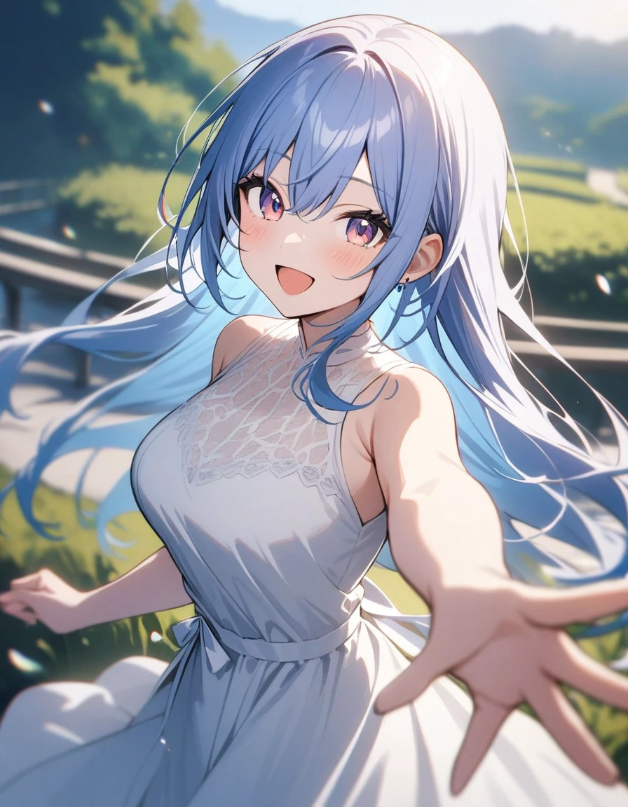 h_suzuki, 1girl, solo, long hair, dress, smile, looking at viewer, sleeveless, open mouth, white dress, blush, virtual youtuber, bangs, blue hair, :d, hair between eyes, outdoors, breasts, white ribbon, hand up
masterpiece, best quality, very aesthetic, absurdres 