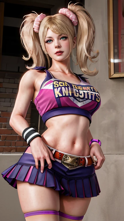 masterpiece, absurdres, juliet starling, twintails, cheerleader, crop top, clothes writing, skirt, thighhighs, belt, wristband, midriff, 1girl, solo, mature female, perfect composition, detailed lips, huge breast, beautiful face, body proportion, blush, (pink lips), soft gaze, super realistic, detailed, photoshoot, realistic face and body, thighhighs, provocative pose 