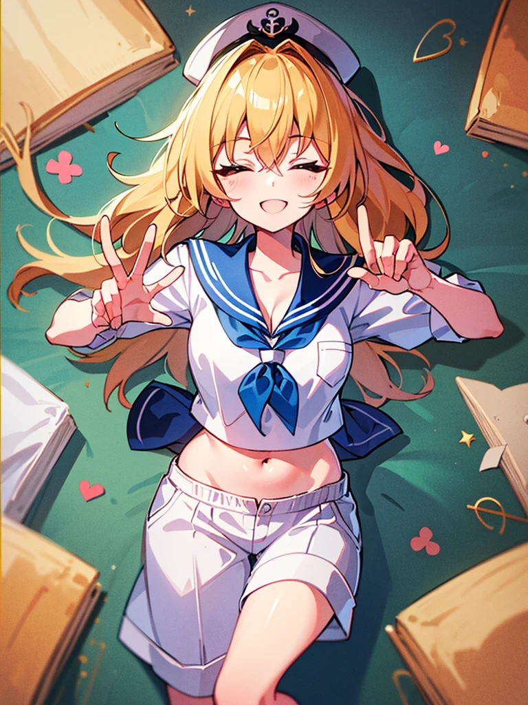 Twin-tailed golden-haired girl in sailor suit, Visible navel, Wear a hat and pants.a drawing of an anime character, clean line drawings, ultra cute girl, ultra cute face, ultra detailed eyes, ultra detailed hair, ultra cute, ultra beautiful, ((high end)), (UHD picture), (best quality,4k,8k,highres,masterpiece:1.2), top-quality(​masterpiece), top-quality, ultra-detailed, highly detailed texture, intricate details, high quality textures, masterpiece, best quality, perfect quality, perfect anatomy, perfect body, perfect symmetrical face, perfect hands, perfect feet, (two arms:1.2), (two legs:1.2), (five fingers each:1.2), (perfect joint:1.2), perfect joint movement, precise fingers and hands, 1 beautiful girl, 1 girl, alone, solo, , , ((())), ((ish)), (Best Quality, hight resolution), extremely detailed and lifelike, Vibrant colors, simple background, white socks, blonde hair, hat, blue sailor collar, twintails, sailor collar, sailor hat, yellow eyes, marine costume, short sleeves, shirt, blue neckerchief, white headwear, sailor, white shirt, white shorts, neckerchief, smile, Chiyuri, from behind, to lift up one’s skirt, cowboy shot, from front, standing, raise one leg, crossed arms, arms up behind, arms behind back, hand between legs, put hands hip, one hand on hip, forward hands, arms raised in the air, punch hands, peace sign, waving, put up index finger, sit, lie down, closed eyes, lie face down, looking back, put one hand chest, leaning forward, cleavage, close up, horizontally outstretched arms, horizontally outstretched legs, front view, front face, huge breasts for short stature, cleavage is clearly visible, G-Cup, heart hands, pointing at oneself