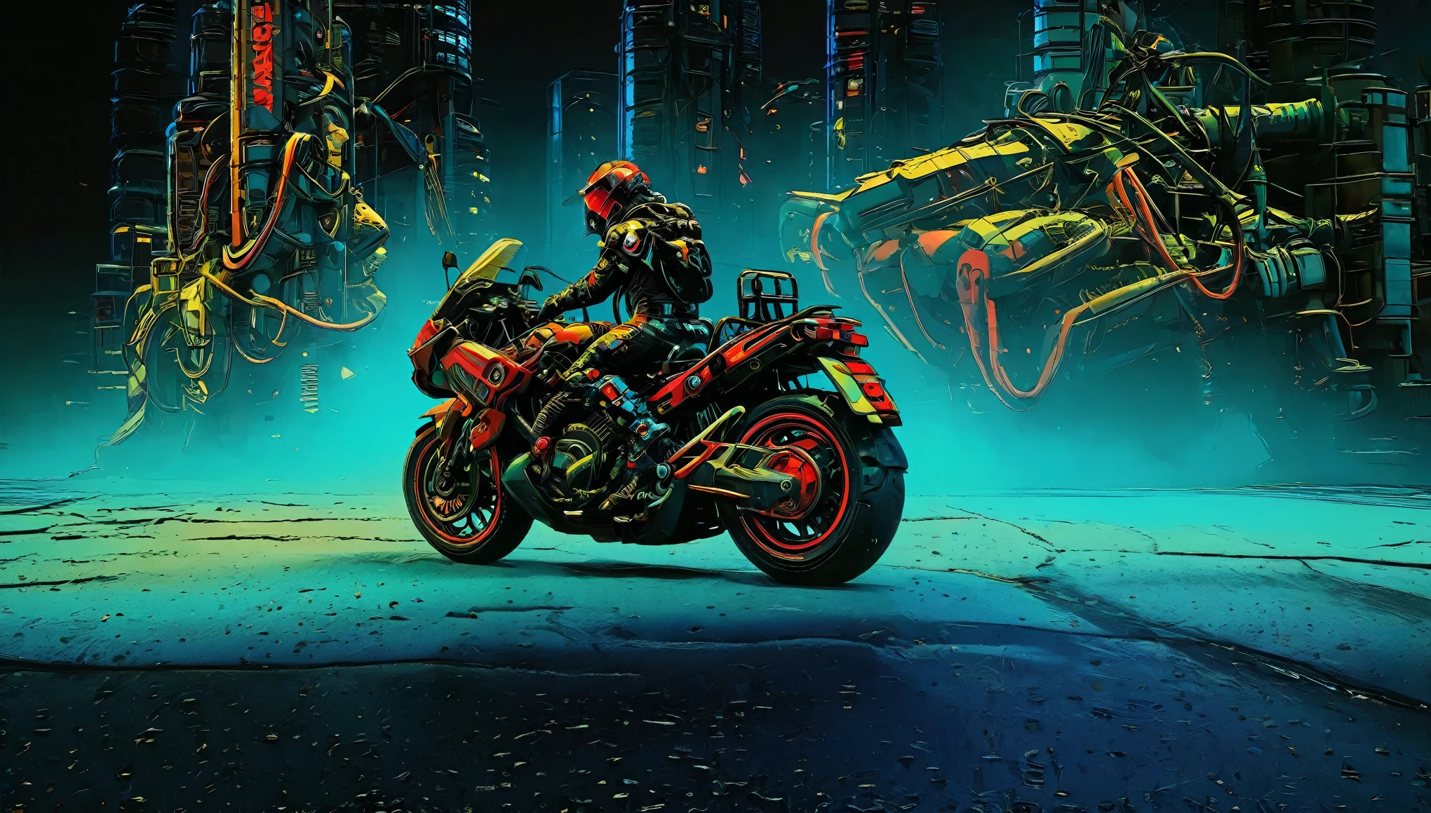 detailed cyberpunk motorcycle, futuristic motorcycle, riding on the road, motorcycle from behind view, 1 person riding motorcycle, intricate details, high resolution, 8k, photorealistic, hyper detailed, cinematic lighting, dynamic motion blur, gritty urban environment, neon lights, glowing cybernetic elements, chrome accents, weathered texture, mecha-inspired design, complex machinery, industrial cityscape, moody color palette, (mejor calidad,4k,8K,high resolution,obra maestra:1.2),ultra detallado,Sharp focus,(realista,photorealista,photo-realista:1.37), extremadamente finos,detalles intrincados,intense lighting,dramatic lighting,changing lighting,cinematic lighting,chiaroscuro lighting,dramatic shadows,Dramatic moments,vivid colors,colores intensos,Contraste profundo,cinematic depth of field,cinematographic composition,cinematic camera angle