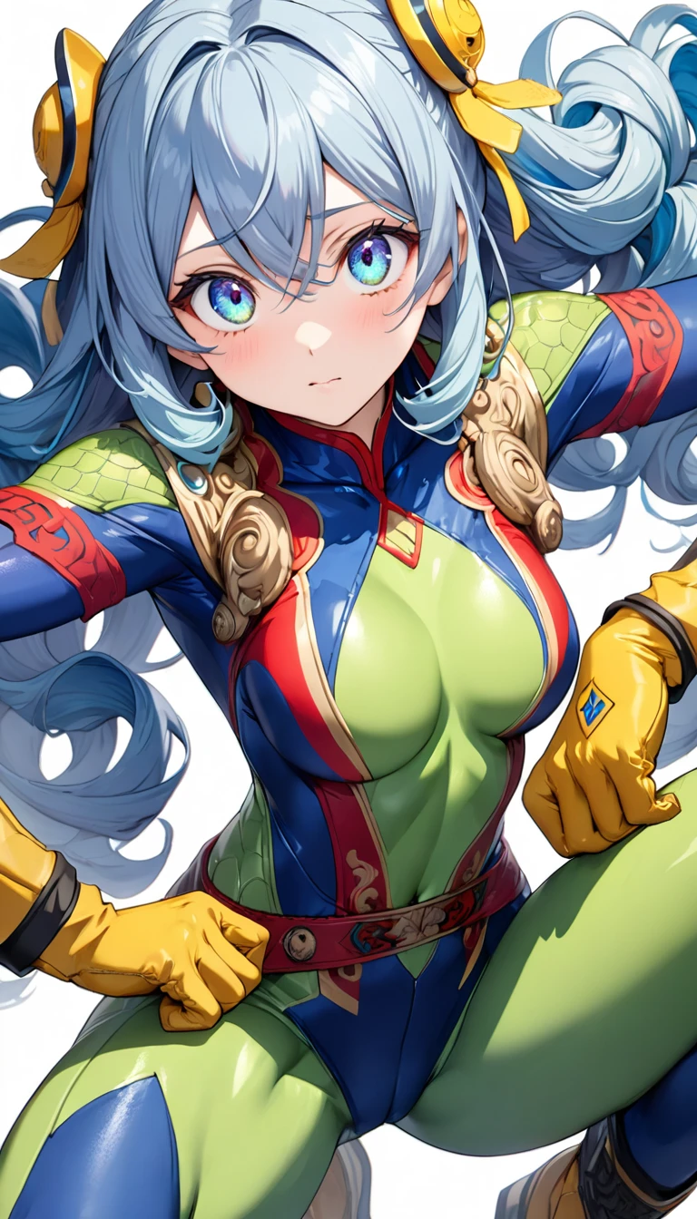 Nejirehadu, Nejire Wave,  blue eyes , blue hair,  long hair , 壊す blue body suit, body suit, drill hair, gloves, green body suit, multicolored body suit, Colorful clothes , yellow gloves, ((break the whole body)),squat， Spread your legs  ， hands up behind your back ， TRANSITION white background ，BREAK from below ， look down ， look down ，  dynamic breakthrough shot ，Kung Fu Pose，high quality,  high definition, обои unity 8k, (form:0.8), (  Beautiful and detailed eyes :1.6),  very detailed face ,  perfect offer , Detailed CG, (perfect hands,  Perfect Anatomy),