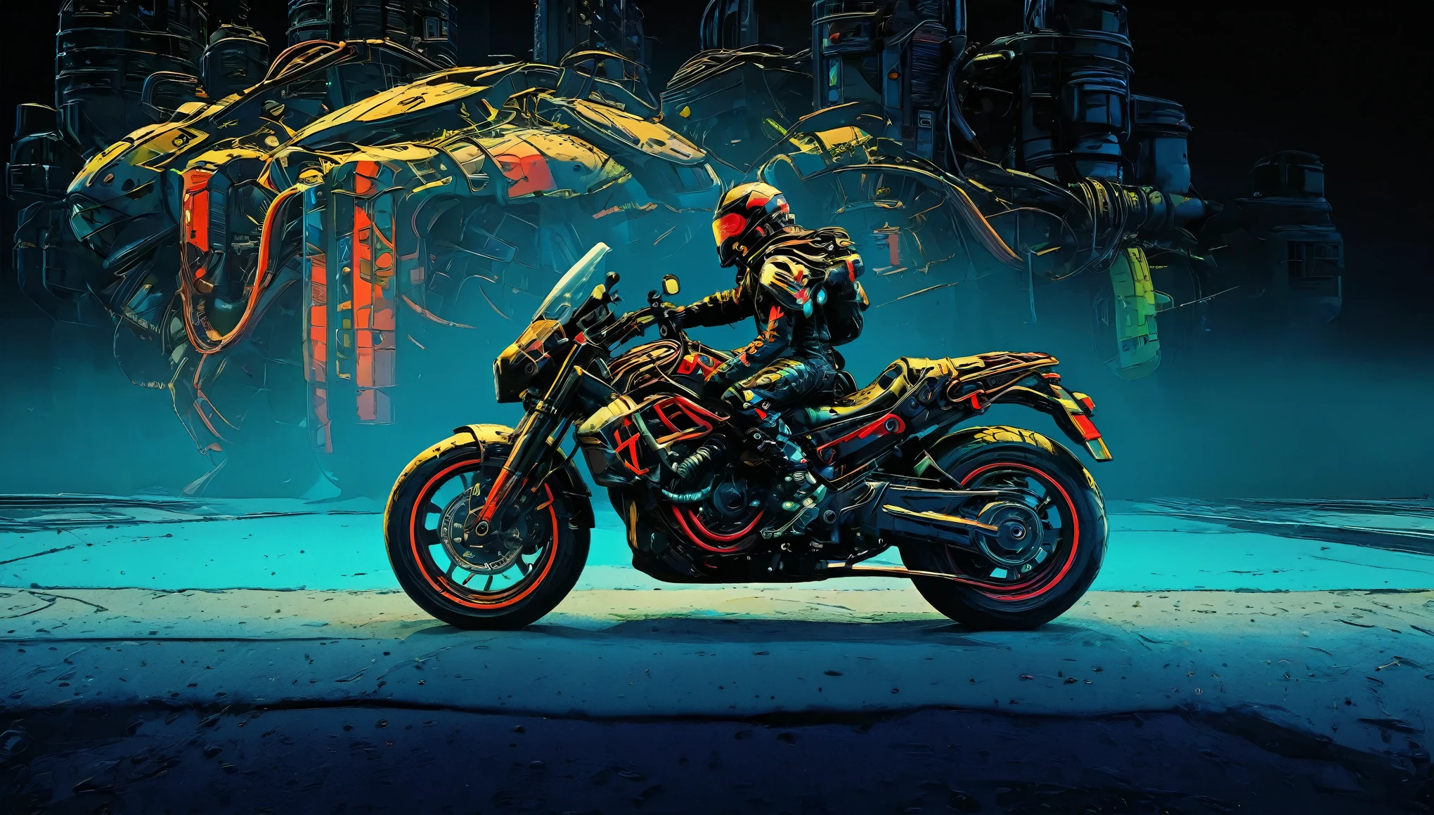 detailed cyberpunk motorcycle, futuristic motorcycle, riding on the road, motorcycle from behind view, 1 person riding motorcycle, intricate details, high resolution, 8k, photorealistic, hyper detailed, cinematic lighting, dynamic motion blur, gritty urban environment, neon lights, glowing cybernetic elements, chrome accents, weathered texture, mecha-inspired design, complex machinery, industrial cityscape, moody color palette, (mejor calidad,4k,8K,high resolution,obra maestra:1.2),ultra detallado,Sharp focus,(realista,photorealista,photo-realista:1.37), extremadamente finos,detalles intrincados,intense lighting,dramatic lighting,changing lighting,cinematic lighting,chiaroscuro lighting,dramatic shadows,Dramatic moments,vivid colors,colores intensos,Contraste profundo,cinematic depth of field,cinematographic composition,cinematic camera angle