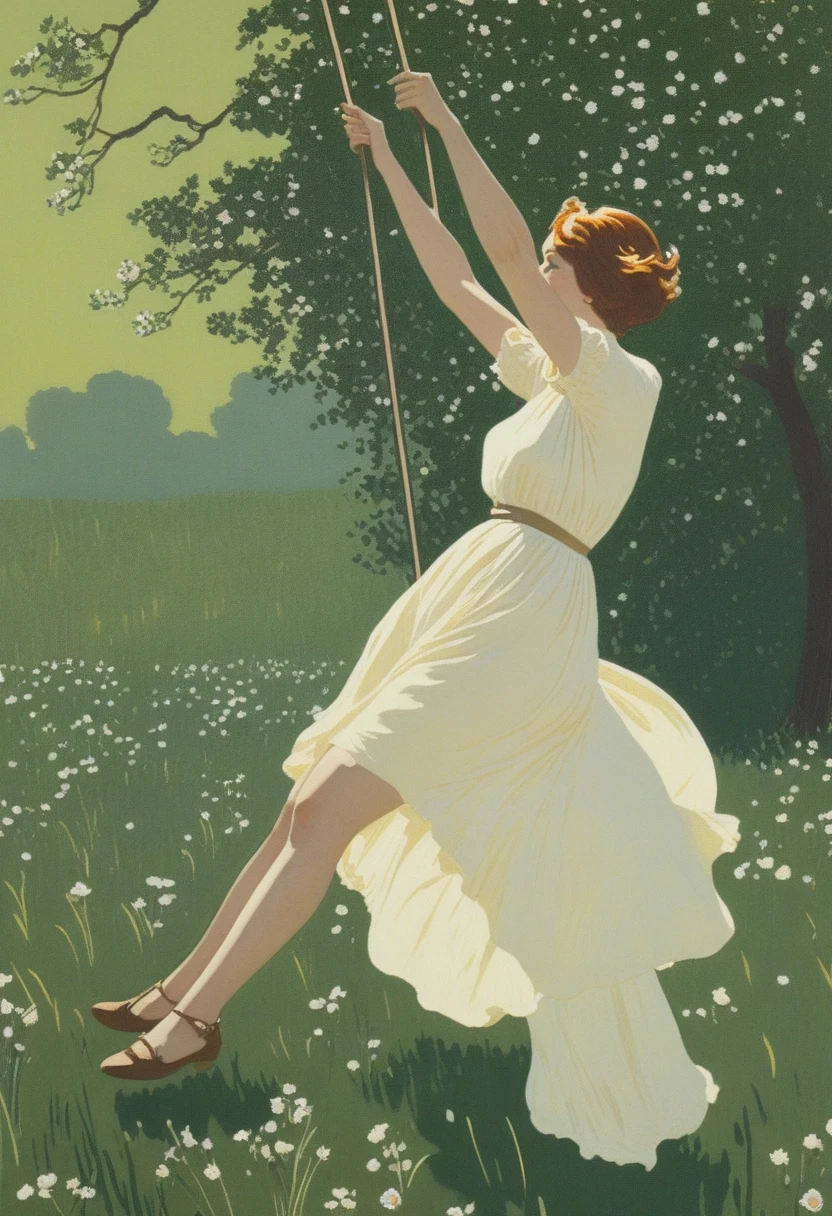  a woman swings in a field ,  by Constantin Somov , inspired  by Constantin Somov ,  by Ada Rentul Osthwaite , author：Nicolas Gal , hans thoma, inspired  by Ada Rentul Osthwaite ,  non-dualistic gods of spring ,  by Julius Klinger , author：Randolph Schwabe,  by Charles Angrande 