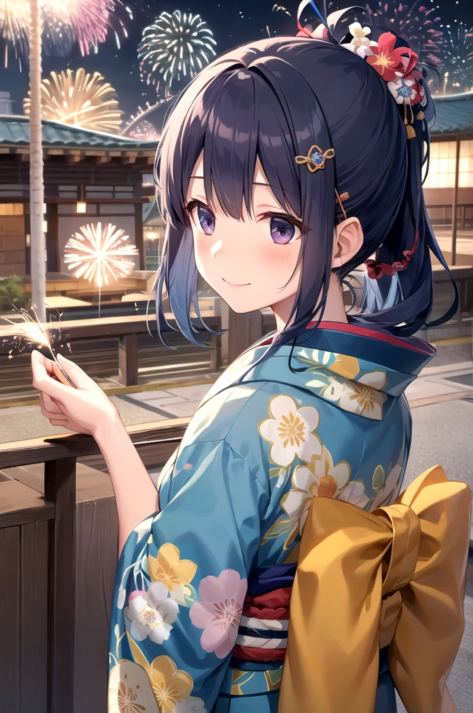 h_suzuki, 1girl, blue hair, smile, medium hair, night, outdoor, looking away indoor, closed mouth, bangs, blush, upper body, japanese clothes, kimono, obi, ponytail, hair ornament, flower ornament, aerial fireworks, fireworks,
