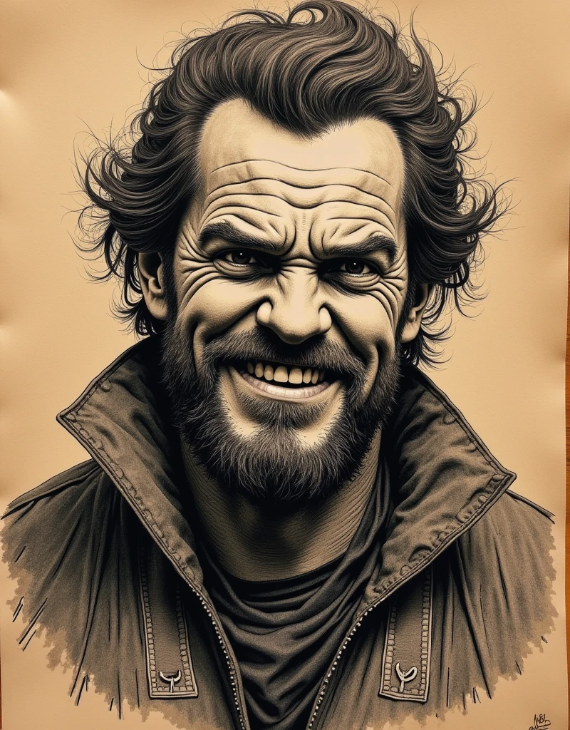 Black and brown drawing of a  35 yeares old man,sly smile from under forehead, on kraft paper, Karl Kopinski, fantasy, highly detailed, Vlop and Krenz Cushart, ornate detailing, Jean-Sebastian Rossbach, James Gene,ink drawing,pen and ink realism,stipple shading,wongflux