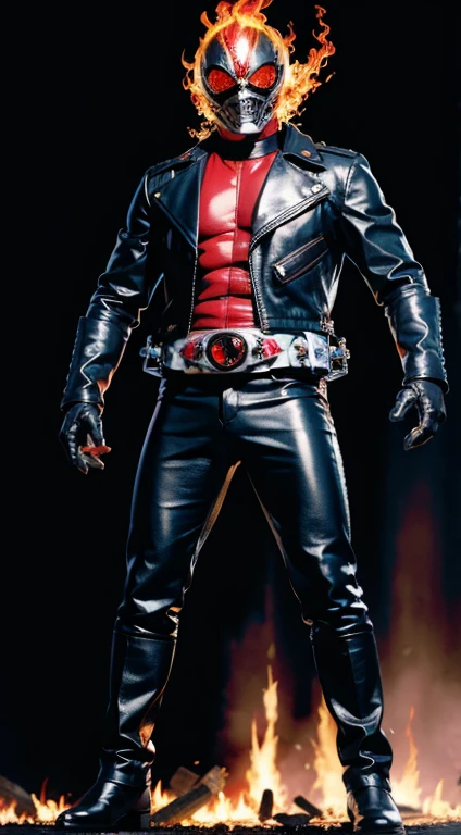 ,((jason todd)),((young cute and cool ikemen boy)), ((face is no paint and no mask)),((mesh bands only white color)),his age is early 20s, thin eyebrows and beady eyes, ((he wearing light brown color leather jacket)),((leather jacket is single-brest)),((leather jacket is long sleeve)),((also wearing black thick material turtleneck lackluster shirts)),((chest area on red color bat illustration)), ((tight dark gray color leather pants)),((put black color protection leather glove on both hands)),((black color middle length leather boots)),((Japanese style character))