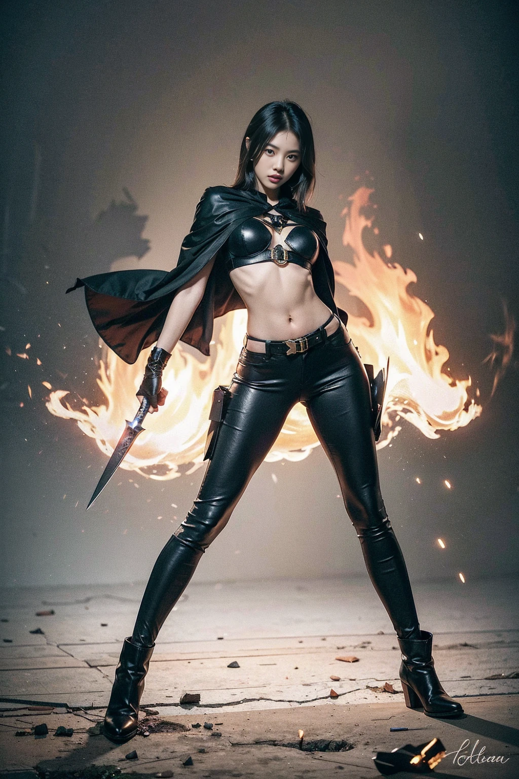 female, Holding a black sickle emblazoned with a symbol of Japan signifying death, Black flames emerge from the decoration., The sickle blade comes out of it.、A black wind blows with the ghost of a skull, Judy female with perfect face and scythe is wearing the appropriate outfit of scythe steel, The female has black hair, The woman is the incarnation of the Grim Reaper., (The background of the CG 8k module is very detailed) (Highest quality), (Best illustrations), (Best shade), Very detailed t--v6