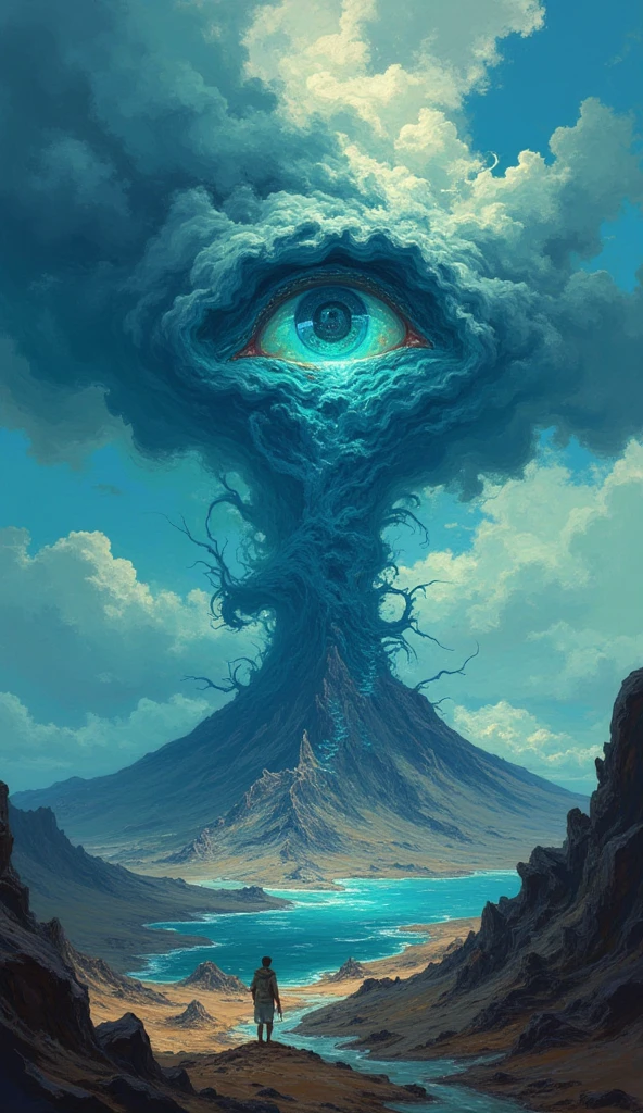 DB4RZ style painting, Volcano erupting with eye on top, tons de azul, arte digital inspirada em Cyril Rolando, surrealismo, Portrait of a giant eye in the smoke of a volcano, mystic eye, nuvem de fumo com um olho, surrealismo,(best quality,4k,8k,highres,masterpiece:1.2),ultra-detailed,(realistic,photorealistic,photo-realistic:1.37),HDR,UHD,studio lighting,ultra-fine painting,